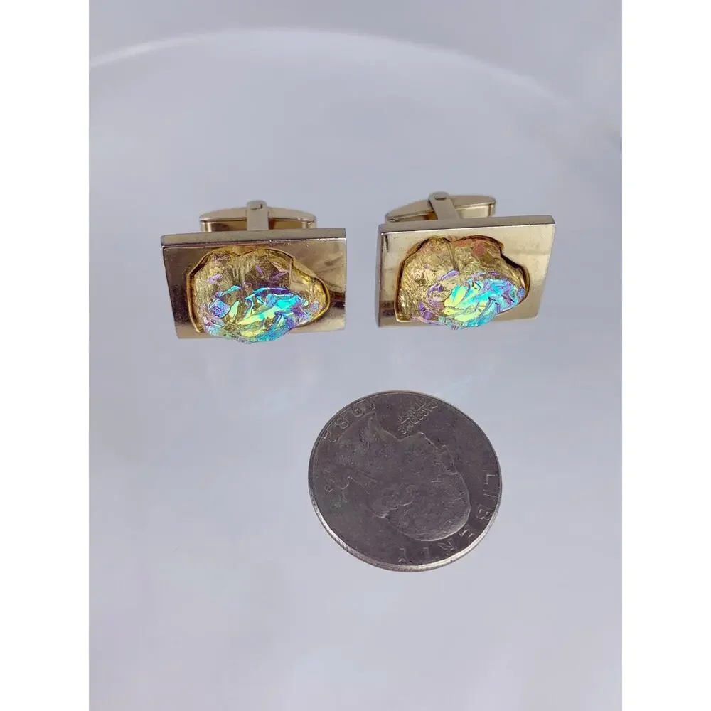 Dichroic Art Glass Nugget Gold Tone Cufflinks Molded Foster Iridescent Vintage